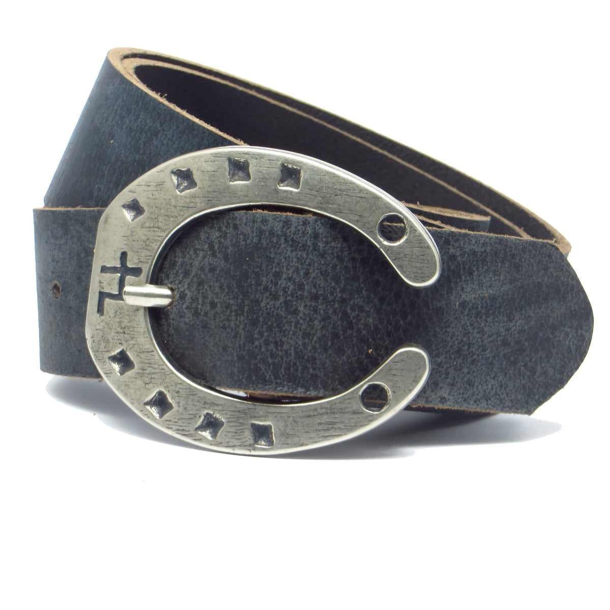 Ledergürtel 4 cm breit blau Büffelleder mit Hufeisenschnalle Silber