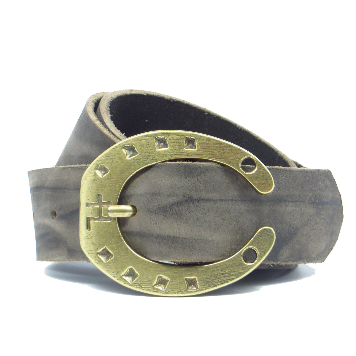 Ledergürtel 4 cm breit grau Büffelleder mit Hufeisenschnalle messing