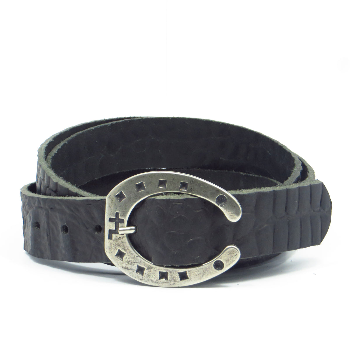 Ledergürtel 3 cm breit schwarz mit Krokoprägung mit Hufeisenschnalle