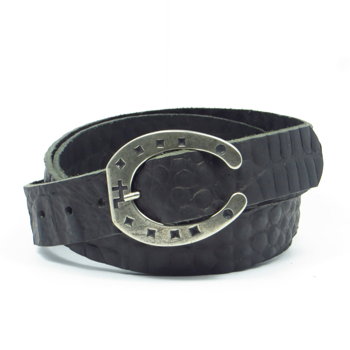Ledergürtel 3 cm breit schwarz mit Krokoprägung mit Hufeisenschnalle