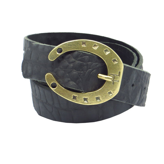 Ledergürtel 4 cm breit schwarz Büffelleder mit Hufeisenschnalle messing