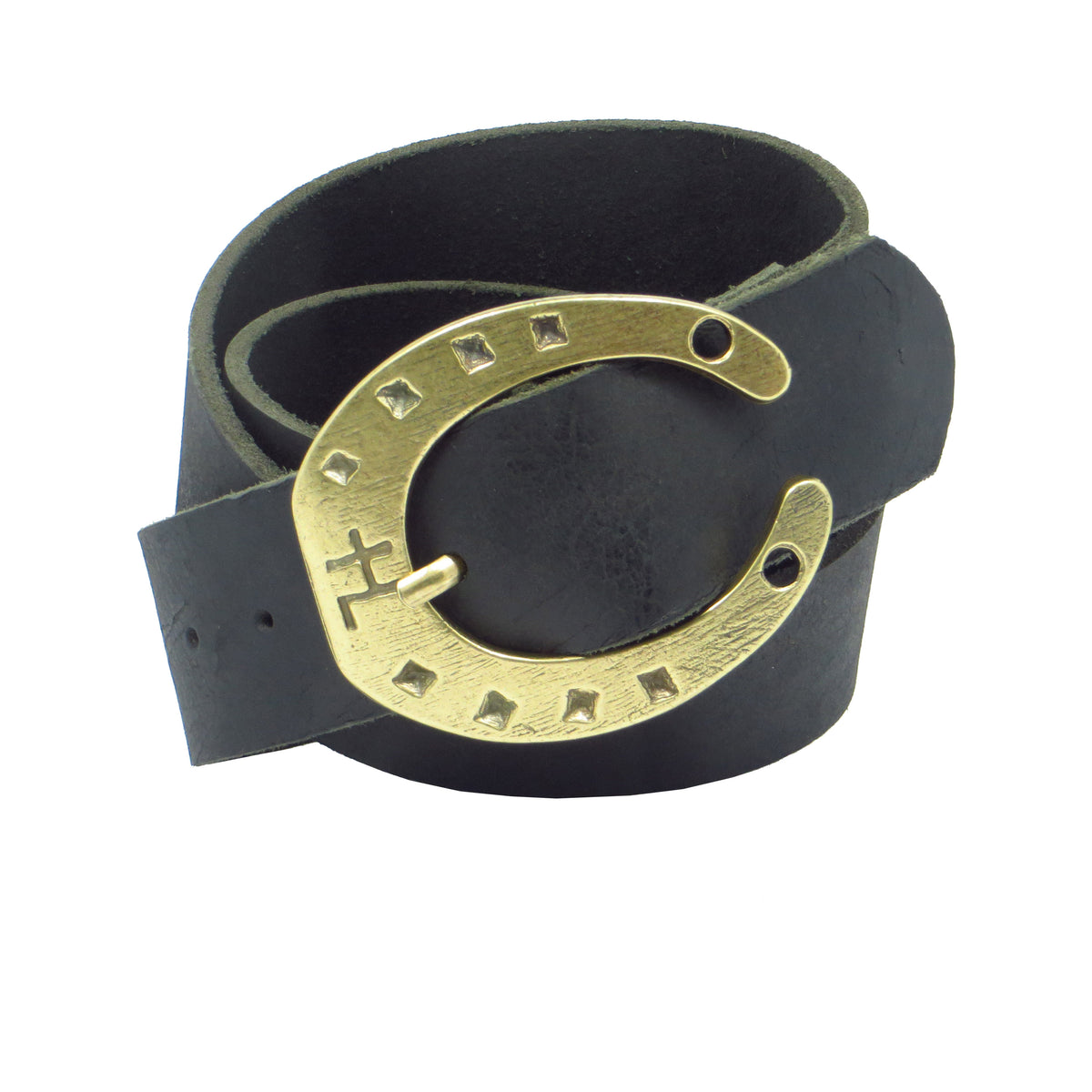 Ledergürtel 4 cm breit schwarz Büffelleder mit Hufeisenschnalle messing