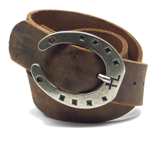 Ledergürtel 4 cm breit dunkelbraun Büffelleder mit Hufeisenschnalle Silber