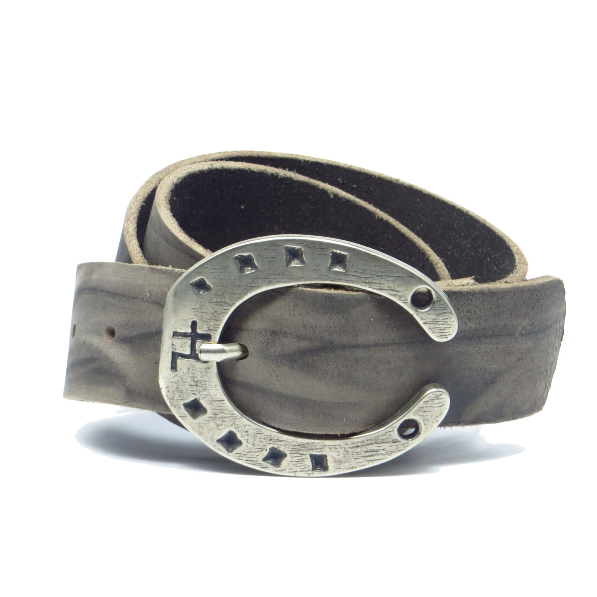 Ledergürtel 4 cm breit grau Büffelleder mit Hufeisenschnalle Silber
