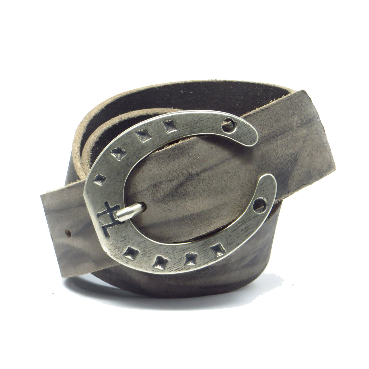 Ledergürtel 4 cm breit grau Büffelleder mit Hufeisenschnalle Silber