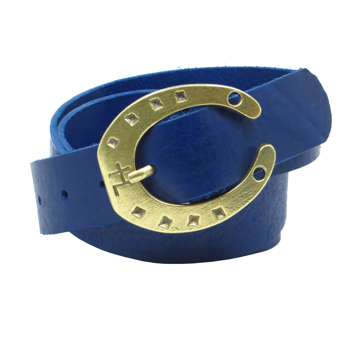 Ledergürtel 4 cm breit blau Rindsleder mit Hufeisenschnalle messing
