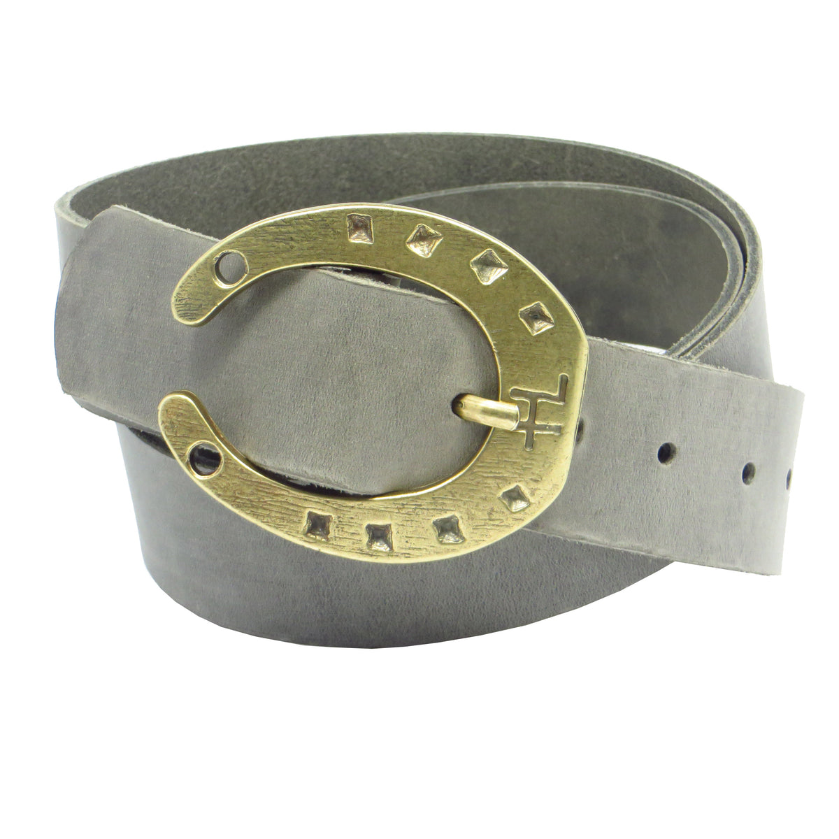 Ledergürtel 4 cm breit grau Rindsleder mit Hufeisenschnalle messing