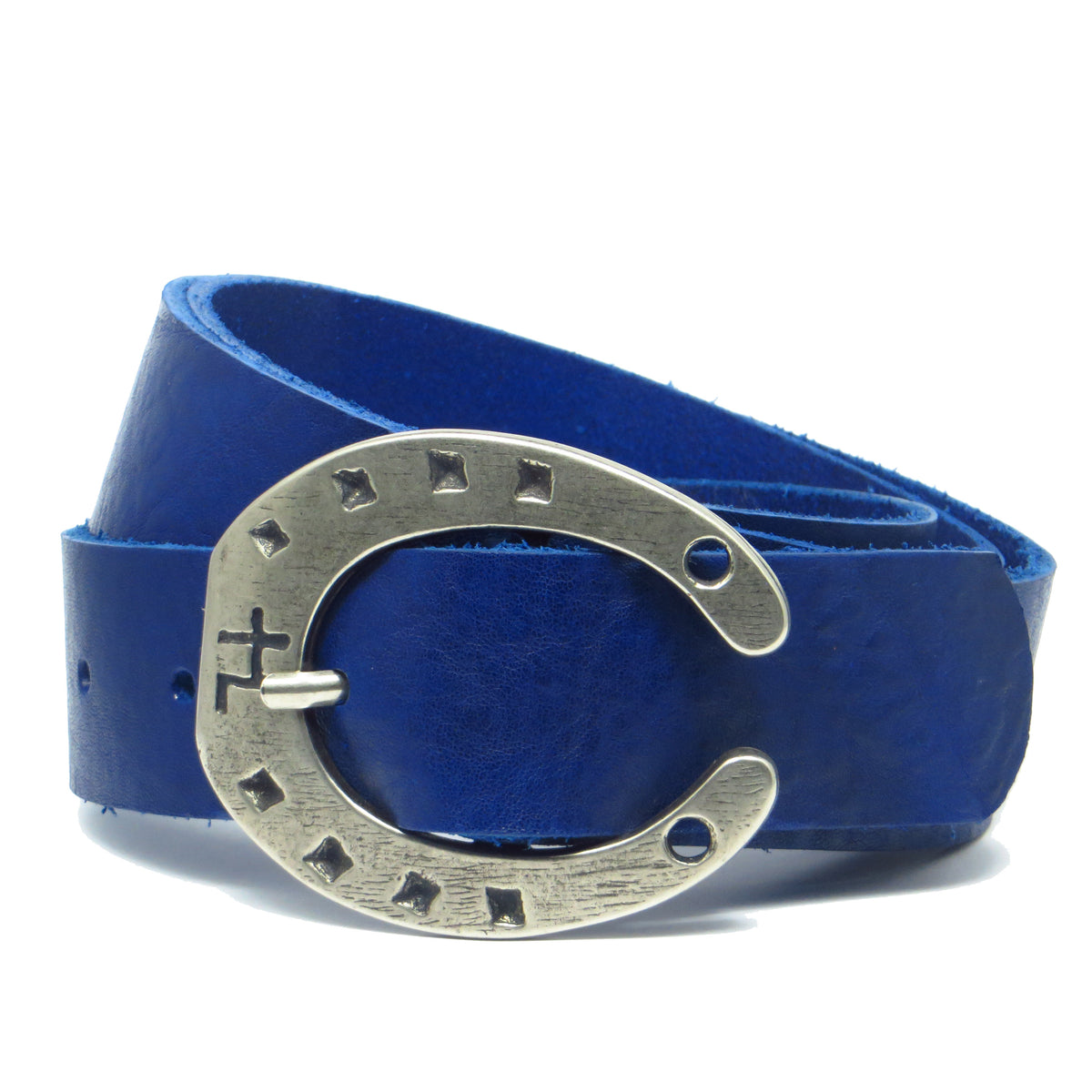 Ledergürtel 4 cm breit blau Rindsleder mit Hufeisenschnalle grau Silber