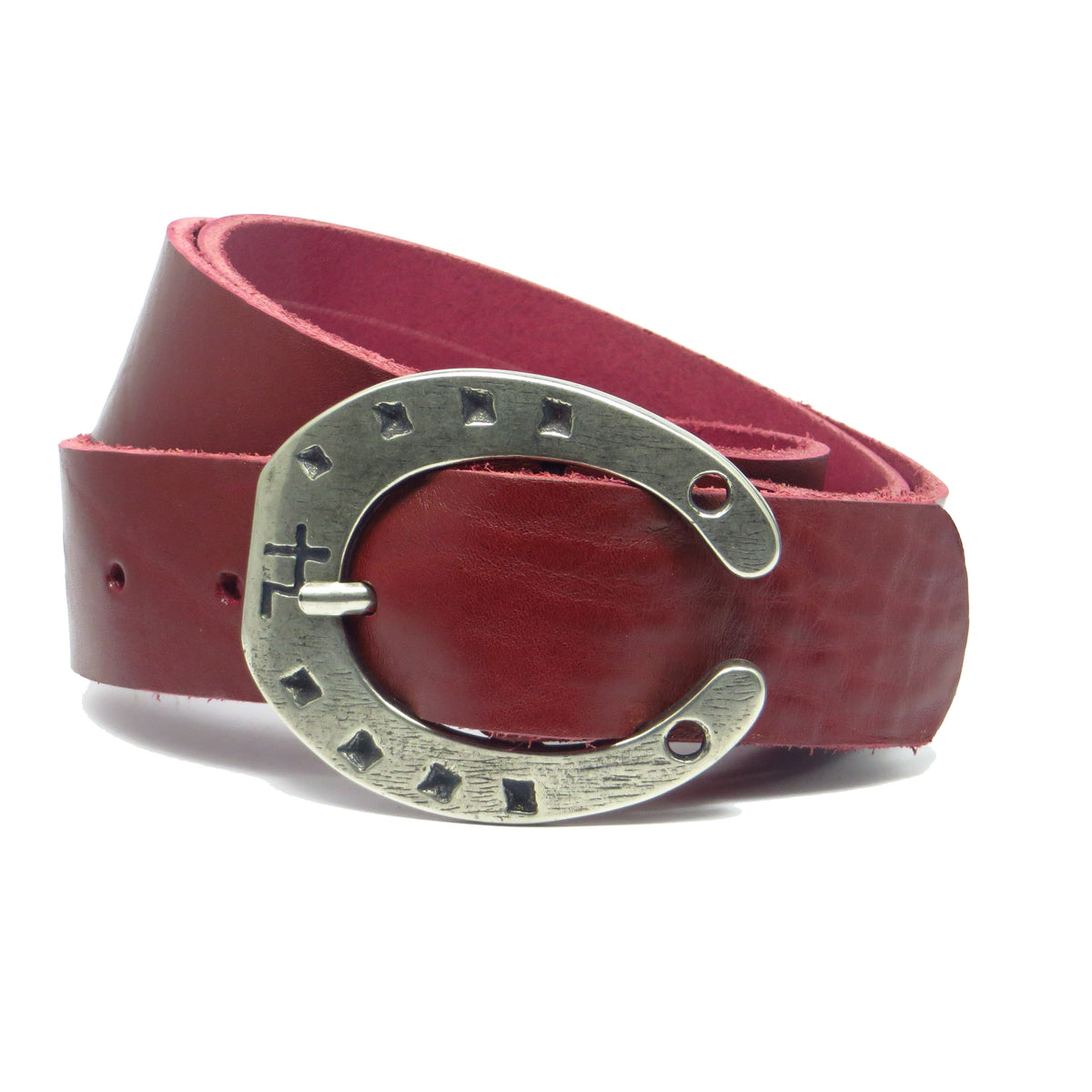 Ledergürtel 4 cm breit bordeaux rot Rindsleder mit Hufeisenschnalle Silber