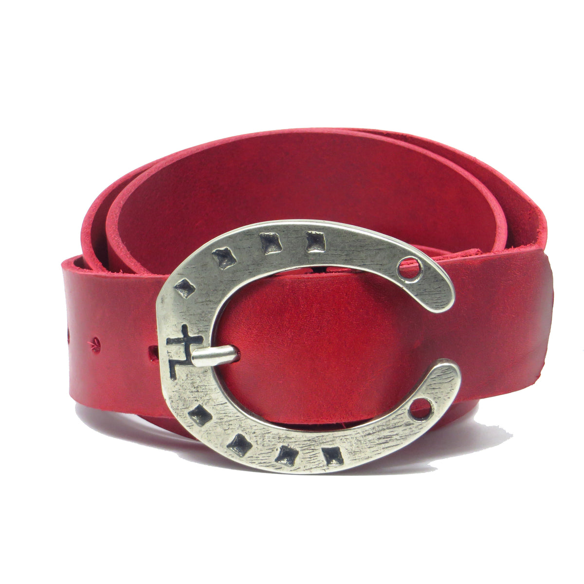 Ledergürtel 4 cm breit rot Rindsleder mit Hufeisenschnalle Silber