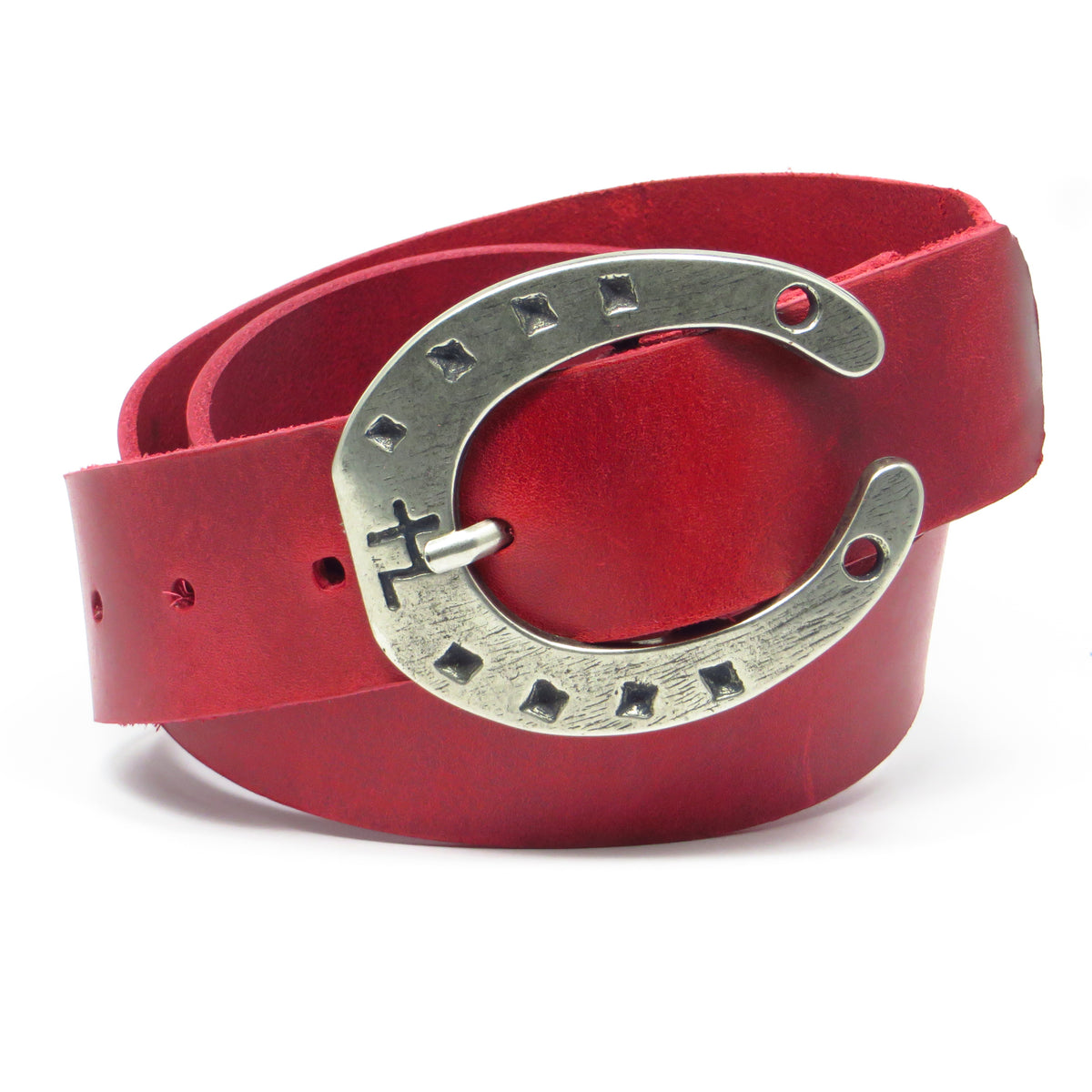 Ledergürtel 4 cm breit rot Rindsleder mit Hufeisenschnalle Silber