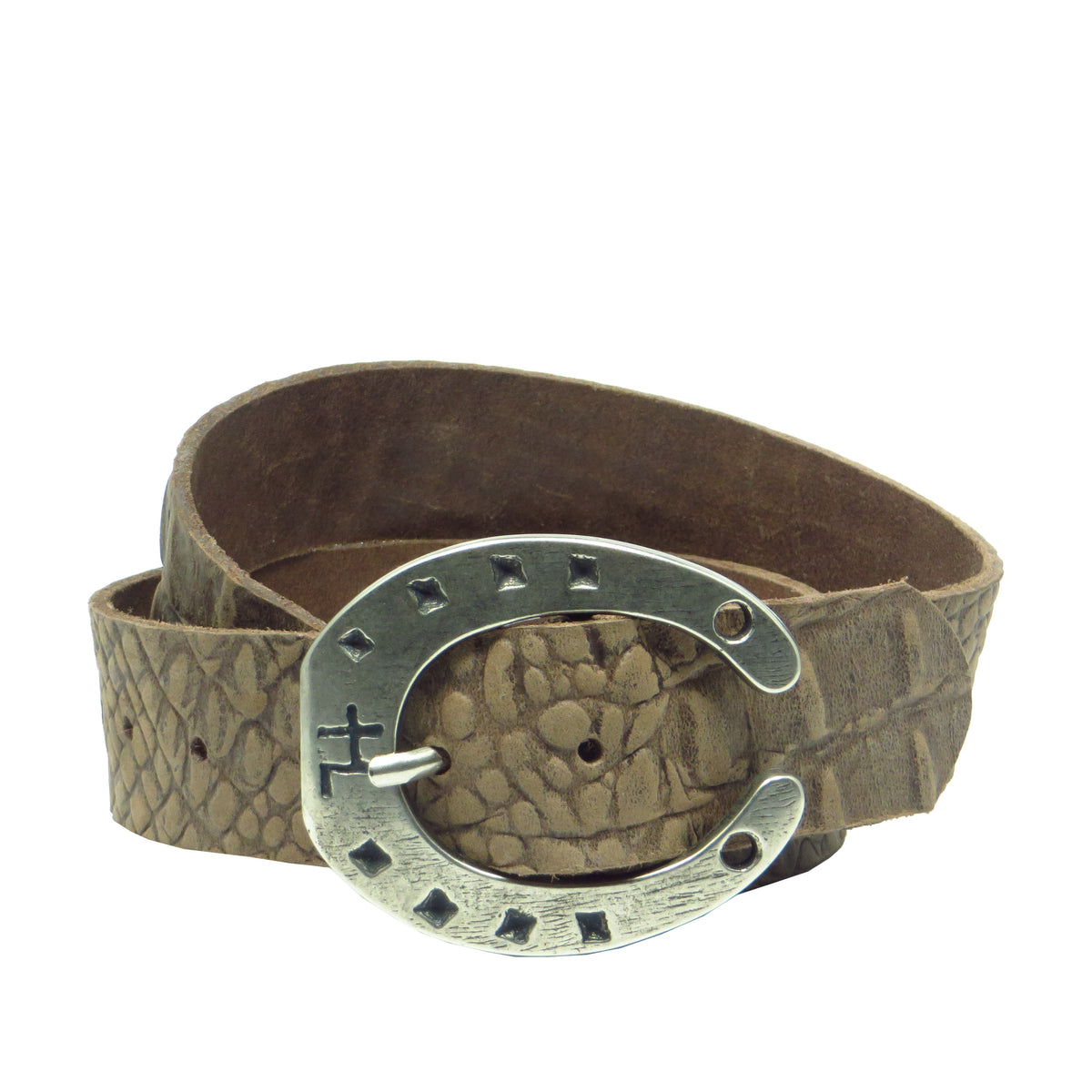 Ledergürtel 4 cm breit braun mit Krokoprägung Büffelleder mit Hufeisenschnalle Silber