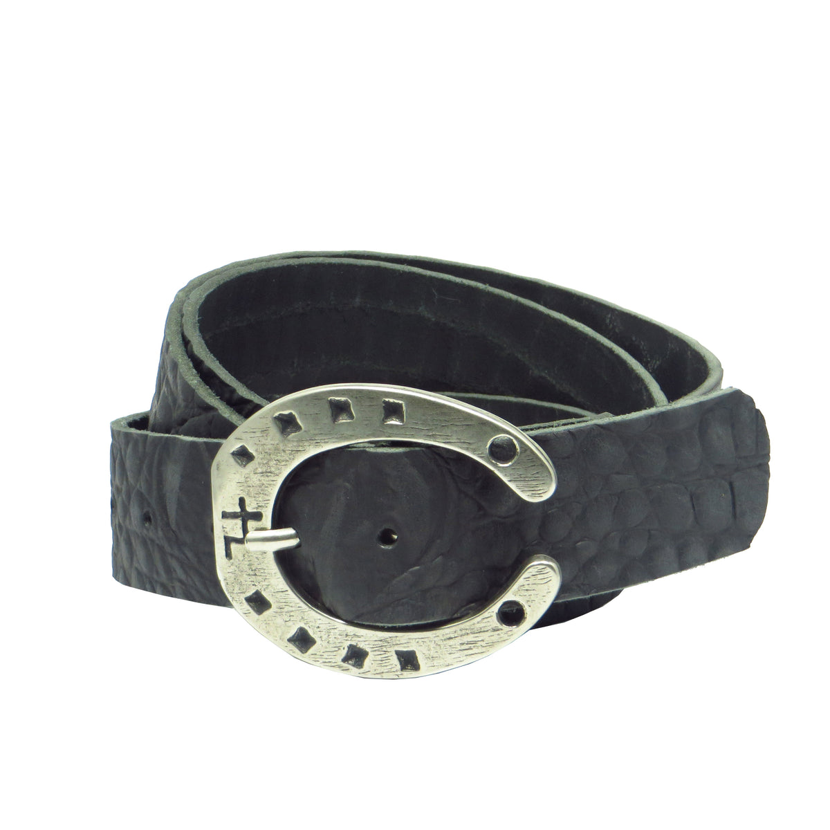 Ledergürtel 4 cm breit schwarz Büffelleder mit Krokoprägung mit Hufeisenschnalle Silber