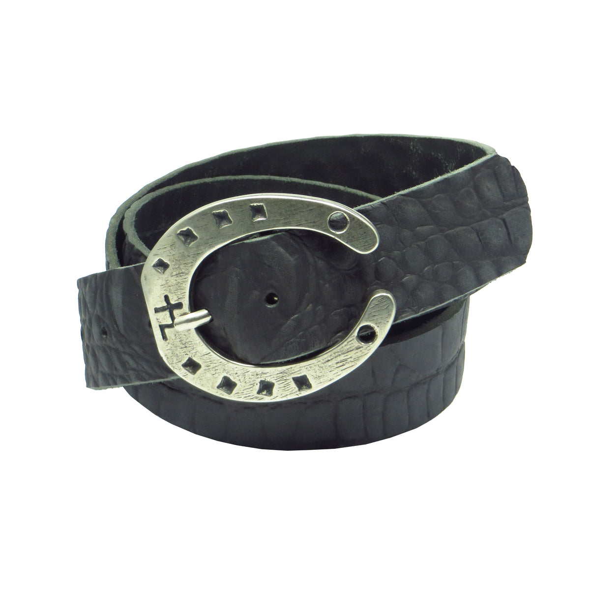 Ledergürtel 4 cm breit schwarz Büffelleder mit Krokoprägung mit Hufeisenschnalle Silber