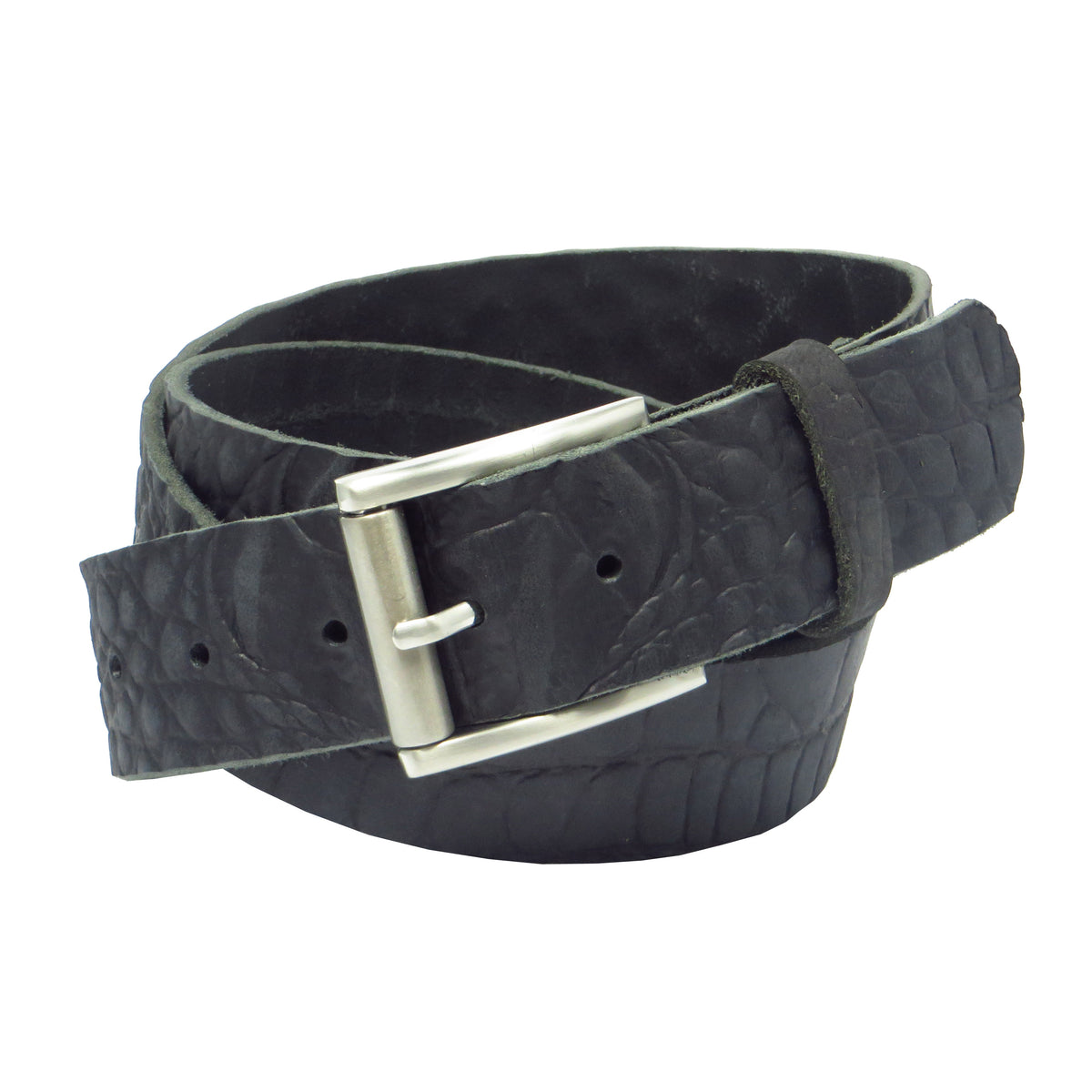 Ledergürtel 4 cm breit schwarz mit Krokoprägung Büffelleder