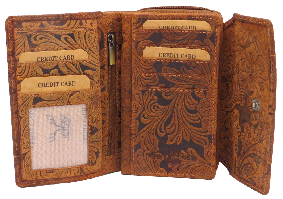 Geldbörse Portemonnaie Organizer braun für Damen Blumenmuster Büffelleder LW002