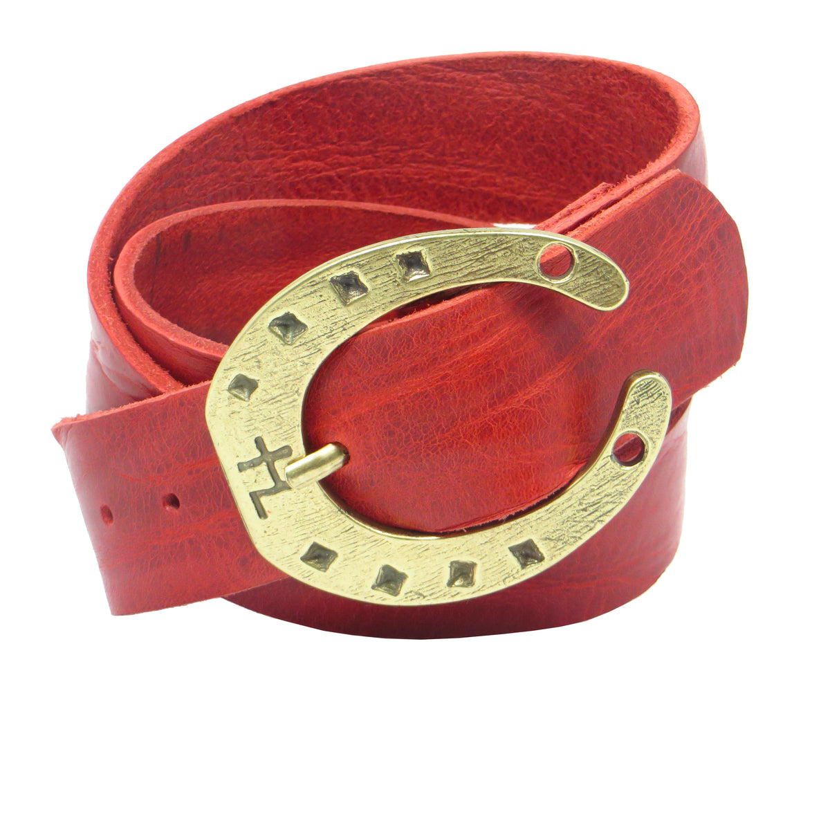 Ledergürtel 4 cm breit rot Rindsleder mit Hufeisenschnalle messing