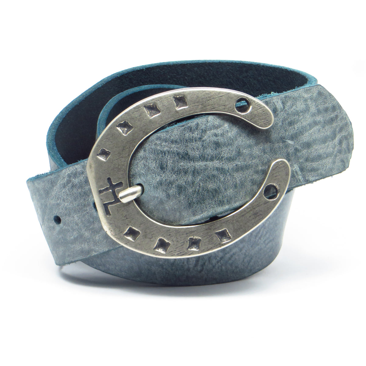 Ledergürtel 4 cm breit Jeans-blau Rindsleder mit Hufeisenschnalle Silber