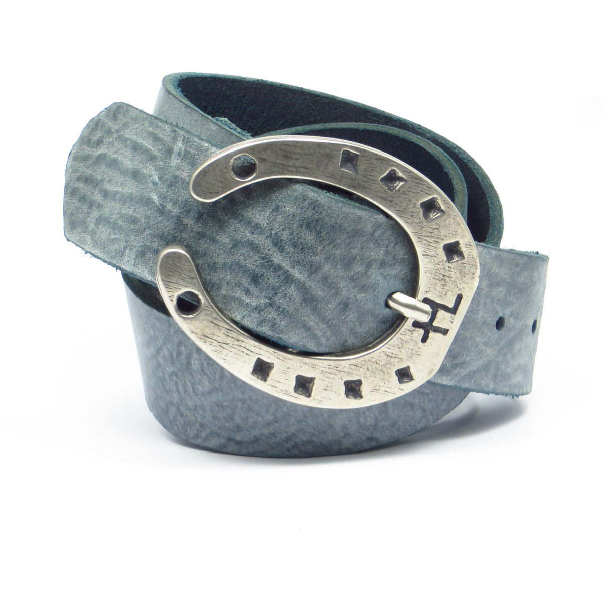 Ledergürtel 4 cm breit Jeans-blau Rindsleder mit Hufeisenschnalle Silber