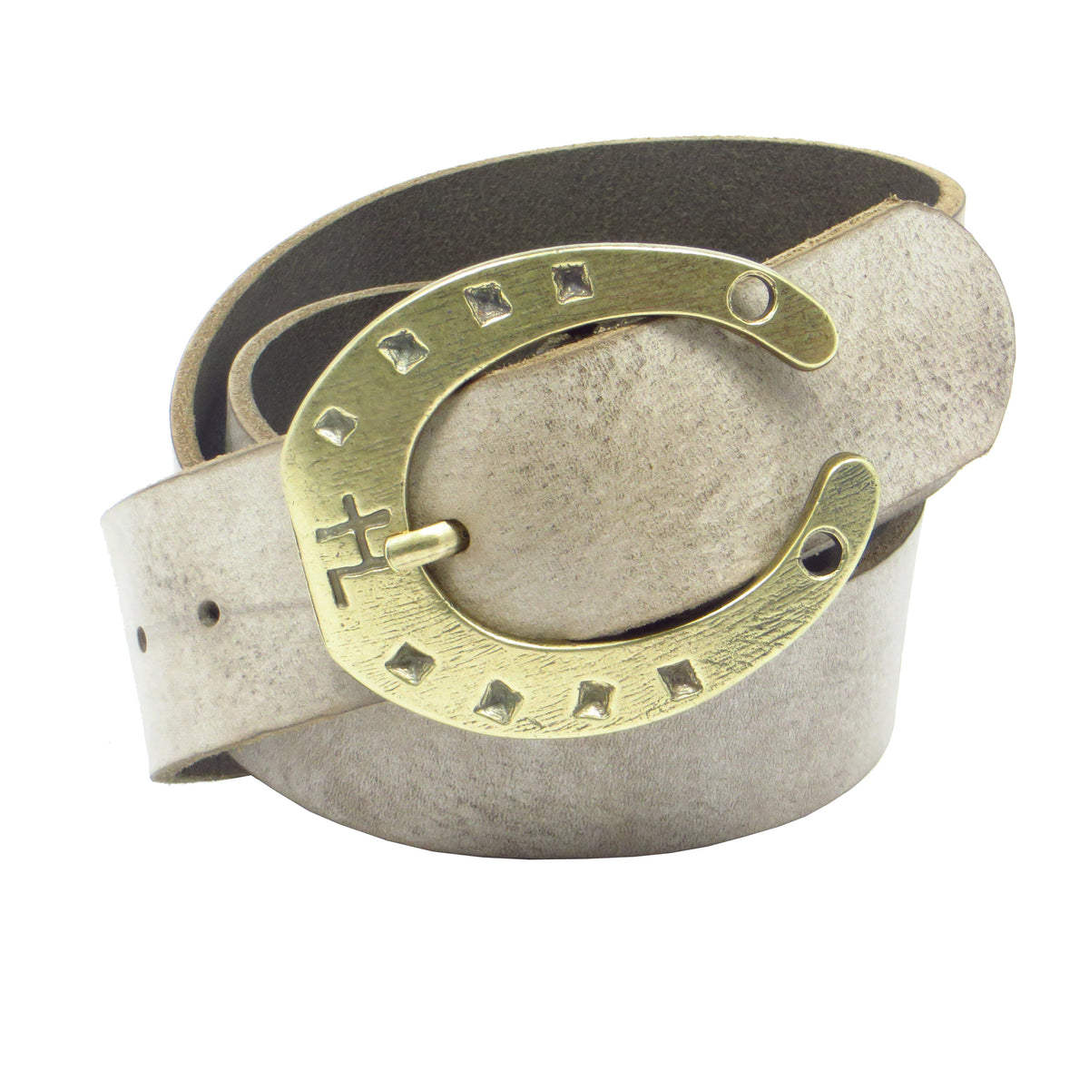 Ledergürtel 4 cm breit schlamm grau-braun Rindsleder mit Hufeisenschnalle messing